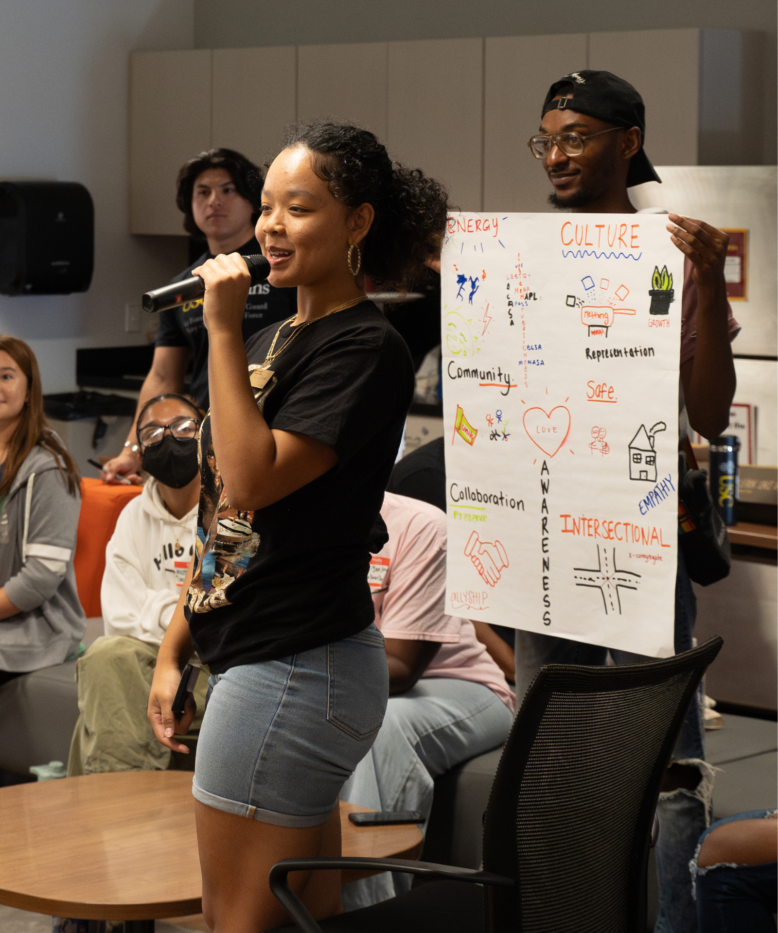 student with microphone presenting